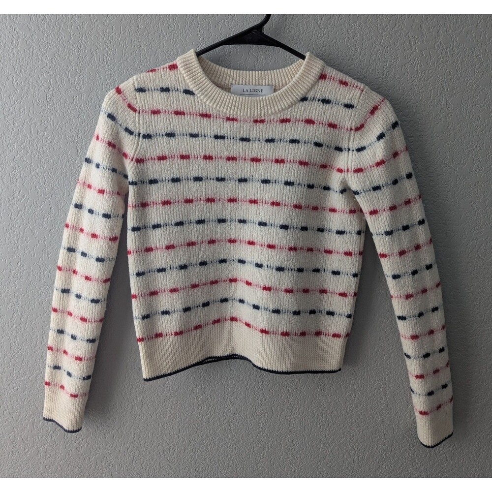 La Ligne Morse Sweater Women's Size Small Cream White Dash Stripe Wool Crewneck